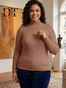 Women's Plus Size Knit Blouse With High Neck, Long Sleeves, Braided Knit Sweater With Fitted Cuffs, Winter - 藏蓝色 - 查看 6