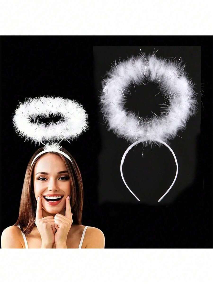 1/2 chiếc băng đô cài tóc hình vầng hào quang thiên thần thanh lịch, phụ kiện đội đầu bằng lông vũ mềm mại, phụ kiện trang phục công chúa dành cho nữ. - Xem 1