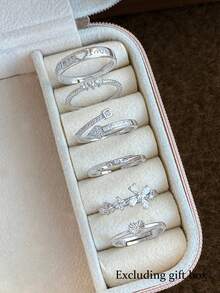 6pcs Fashionable Luxury Minimalist Delicate Heart & Star Copper Zirconia Adjustable Rings Set, Elegant For Casual, Party, Date Wear (No Gift Box) - Silver - View 10