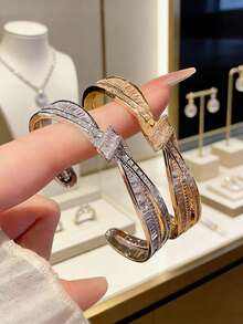 1pc Fashionable Gold-Plated Cubic Zirconia Bracelet, European And American Luxury Sparkling Asymmetrical Bow Design, High-End Jewelry Gift For Girlfriend, Party Wear - Multicolor - View 3