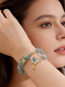 1pc Princess Style Elegant Rose Blue & Pink Alloy Enamel Bracelet With Butterfly Pendant, Suitable For Women's Daily Wear - Baby Blue - View 10