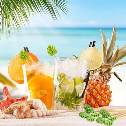 100pcs Tropical Leaves, Food, Fruit, Cocktail Handmade Toothpicks, Cocktail Fruit Picks, Party Supplies, Holiday Decorations, Tabletop Decor, Wedding Party Cake & Dessert Bamboo Skewers