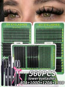 560片6款混合D卷度簇状假睫毛，大容量混合假睫毛+尖刺假睫毛+80D/100D/120D/160D蓬松单根假睫毛，可在家DIY浓密簇状假睫毛，自然轻盈，附赠化妆工具 - 彩色 - 查看 3