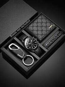 青少年休闲时尚石英表、钱包、钥匙扣、手链套装，PU皮表带，圆形合金表壳，适合作为节日礼物、日常聚会、音乐节、派对、生日礼物 - 黑色 - 查看 7