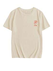 夏季新款简约时尚字母印花休闲圆领短袖T恤，百搭日常女装上衣 - 杏色 - 查看 5