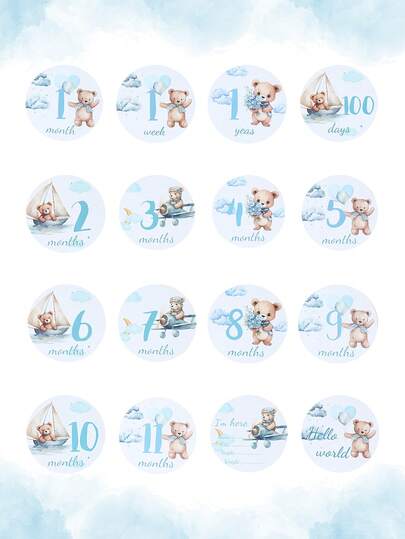 16Pcs Blue Teddy Bear Baby Milestone Cards,1-12 Months Baby Shower Photo Props,1st Birthday Party Decoration,Gender Reveal Party Supplies,Baby Shower Gift,Monthly Milestone Marker,Round Paper Monthly Growth Markers For Baby Shower & Photo Props