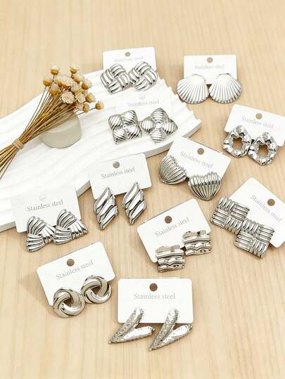 24PCS Lady's Stainless Steel Silver Earrings, With Textured Geometric-Shaped Studs, Simple Yet Versatile Everyday Wear Jewelry (Random Style)