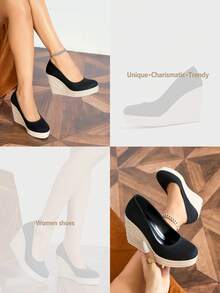 Women's Platform Wedge Shoes, Black Faux Suede Round Toe Woven Wedge Slip-On Pumps - Black - View 10