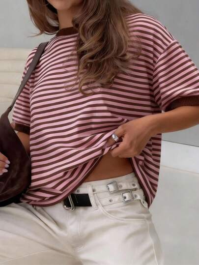 Vaiaye Women's Loose Round Neck Casual T-Shirt, Striped Patchwork Minimalist Fitted Contrast Color Short Sleeve T-Shirt, Suitable For Daily Wear, Work Commute, And Home