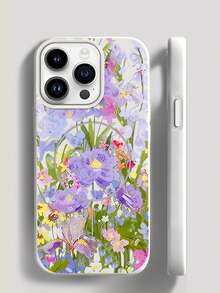 Matte Magnetic Phone Case For IPhone 16 Pro Max, 15 Pro Max, 11, 12, 13, 14 Pro Max, 14 Plus, 16 Plus, Solid Color, Shockproof Back With Purple Floral Oil Painting Style - Gold - View 3