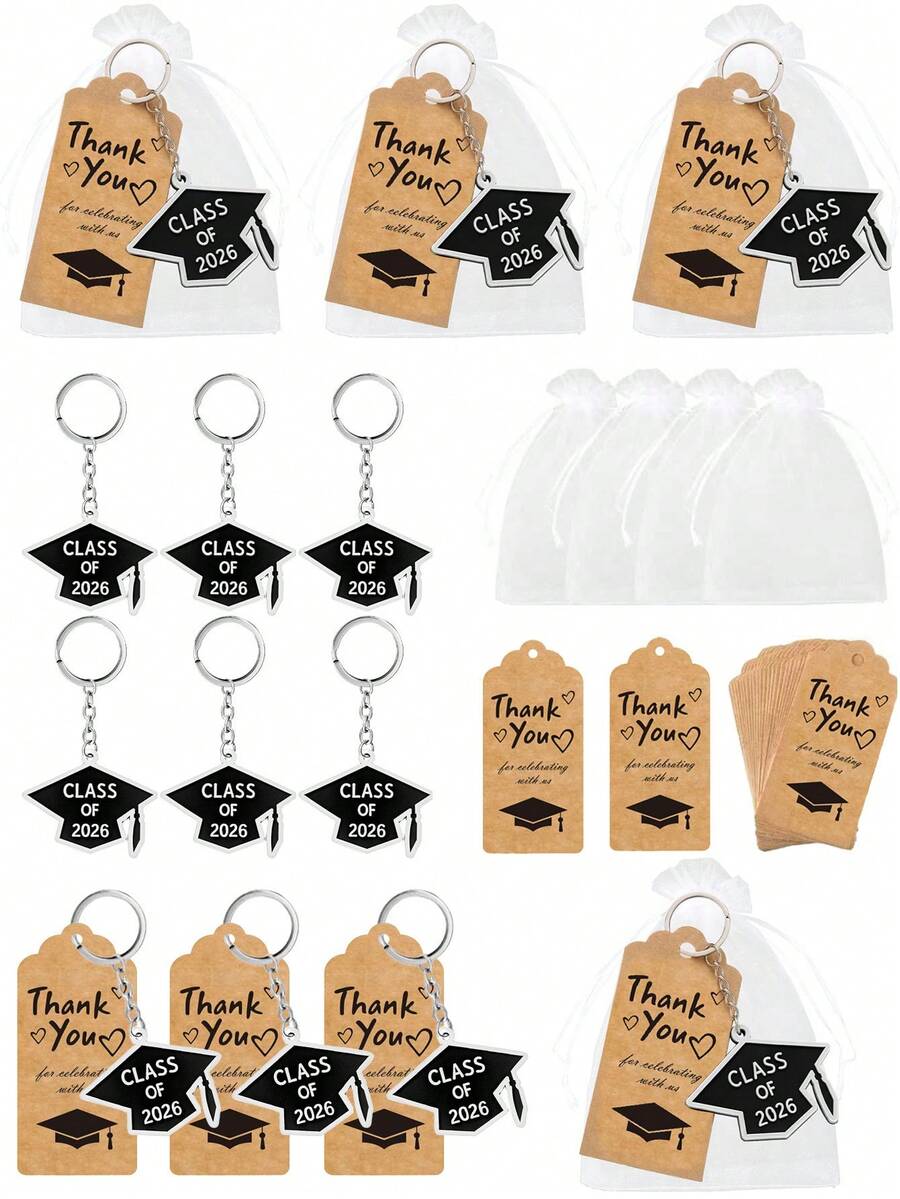 60个2026毕业季派对纪念品钥匙扣，毕业纪念钥匙圈，送给毕业生的礼物，黑白毕业帽吊坠，感谢卡