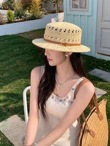 1件女款波希米亞時尚鏤空鉤編聚酯纖維草帽，英式風格腰帶扣設計，透氣度假遮陽帽，適合日常戶外使用（帽圍約22.4英吋/57公分） - 彩色 - 查看 15