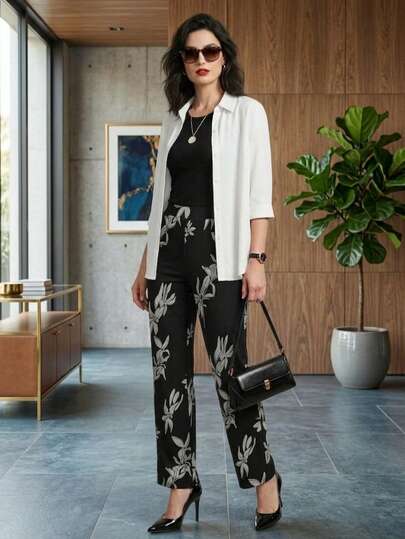 Ensemble 3 pièces pour femmes grandes tailles pour l'été : Veste cardigan minimaliste + Débardeur à col rond sans manches + Pantalon droit à imprimé végétal avec poches drapées et taille élastique