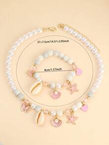两件套优雅仿珍珠串珠手链项链套装，配有树脂贝壳、粉色海星、心形和蝴蝶吊坠，适合女孩日常佩戴、节日、派对等场合，也是一份精美的珠宝礼物。 - 彩色 - 查看 2