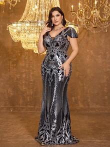 UNITHORSE Plus Size Women Deep V-Neck Sleeveless Sequin Decor Cocktail Party Dress With Cape Sleeve Wedding - Silver - View 4