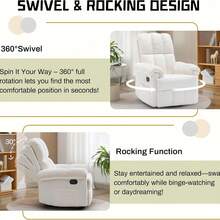 Chair, Swivel Rocker Recliner Chair For Adults, Small Recliners For Small Spaces, Upholstered Manual Recliner With Side Pockets, Nursery Rocking Chair For Living Room, Chenille, Beige - Beige - View 4