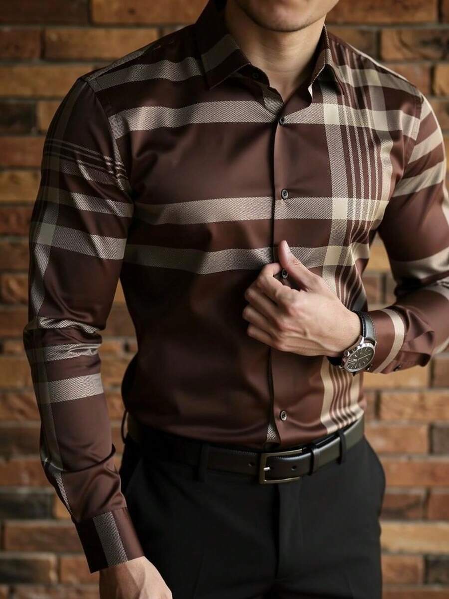 Men's Plaid Print Button-Front Casual Long Sleeve Shirt