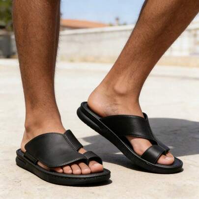 Men's Slippers Sandals, Minimalist Black Design, Comfortable Material, Casual Flat Beach Sandals For Summer