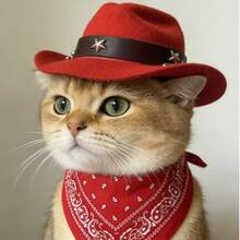 Pet Cowboy Hat And Scarf Set - Western Style Pet Clothes For Cats And Dogs, Adjustable Pet Accessories Suitable For Photo Props And Daily Wear - Red - View 7