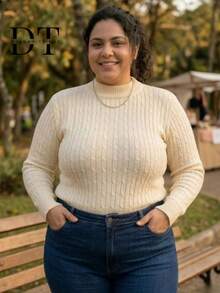 Women's Plus Size Knit Blouse With High Neck, Long Sleeves, Braided Knit Sweater With Fitted Cuffs, Winter - 藏蓝色 - 查看 5