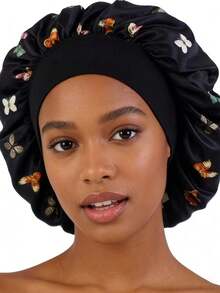 蝴蝶印花缎面睡帽 女士夜间发帽 柔软宽边发套 卷发护理 - 彩色 - 查看 4