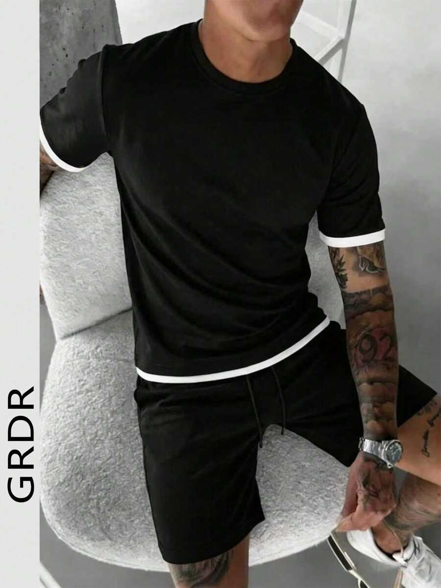 GRDR 男士仿两件套圆领短袖T恤和纯色短裤休闲套装，适合休闲、运动、户外等场合。 - 黑色 - 查看 1