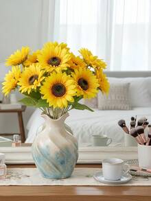 8Pcs Large Sunflowers Artificial Flowers Full Bloom Long Stem Artificial Sunflower Tall Sun Flowers Giant Silk Sunflowers With Stem Fake Sunflower Floral Arrangement For Home Wedding Decor - 黃色 - 查看 4