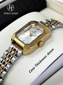 Pablo Raez 1枚帕布莱斯女士腕表，SUS304不锈钢银色顶级AAA品质女士腕表，奢华时尚正装腕表，IPS电镀，优雅全新长方形石英表，时尚白色表盘，高品质流行方形女士腕表，50米防水实心钢链折叠表扣，休闲可爱女士小腕表，适合日常生活/工作/派对装饰生日礼物 - 金色 - 查看 8