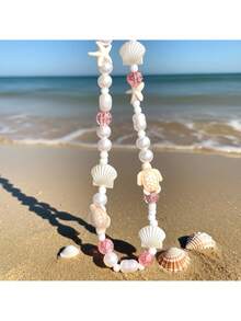 Fashionable Ocean-Themed Shell Braided Phone Lanyard, Beach Series Starfish & Turtle Beaded Phone/Camera Charm - Blue - View 2