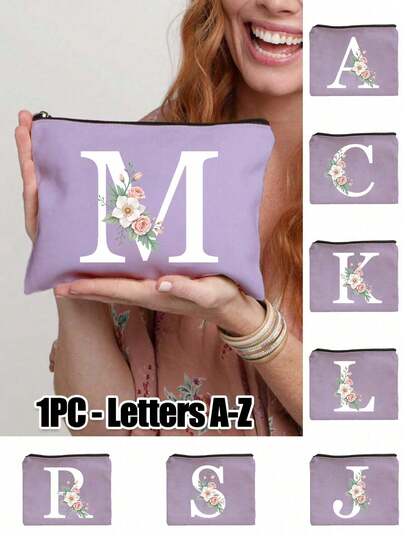 Bolsa de maquillaje con estampado floral de letra A-Z, adecuada como regalo para niñas, bolsa de almacenamiento con patrón de letra retro, simple y de moda, bolsa de almacenamiento para artículos pequeños, bolsa de maquillaje, bolsa de lavado, bolsa de mano, bolsa de almacenamiento plegable ligera, bolsa de compras simple, bolsa de regalo para el Día del Maestro, adecuada para el almacenamiento de cosméticos de viaje personal, Pascua, Día de la Madre, Graduación, Bodas