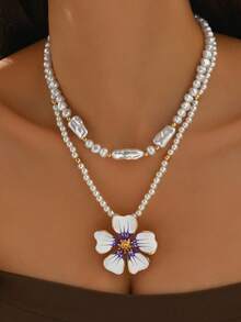 2pcs/Set Irregular Faux Pearl Handmade Beaded Necklace, Double-Layer Purple Glazed Flower Pendant Necklace, Versatile Design Suitable For Daily Wear, Dates, Parties And Music Festivals - Multicolor - View 2