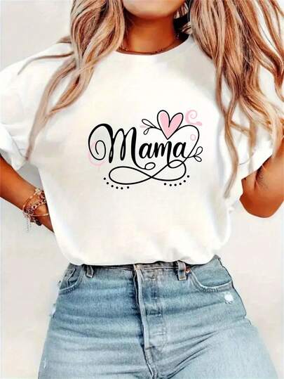 1pc Camiseta de Manga Corta Vintage para Mujer - Estampado de Corazón Rosa y "Madre" - Blusa Casual de Tela Elástica para Primavera, Verano y Otoño - Regalo de Cumpleaños para Mamá - Lavable a Máquina, Cómoda y Cuello Redondo para Outfits del Día de la Madre - 1pc