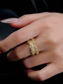 1pc Luxury Elegant Starry Sky Zirconia Inlaid Adjustable Copper Ring, Suitable For Banquet, Holiday Gift, Party - Yellow Gold - View 4