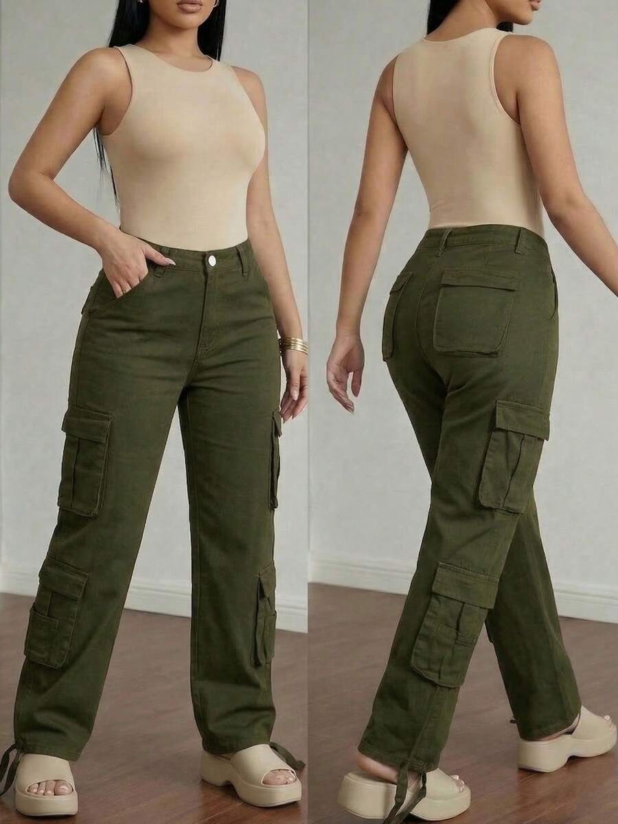 Women's High Waisted Wide Leg Jeans - Light Wash Straight Denim Pants Relaxed Fit Minimalist Aesthetic - 軍綠色 - 查看 1
