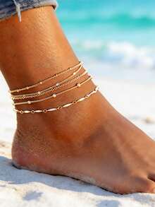 1 Set/5pcs Fashionable Minimalist Metal Stackable Anklet Set, Women Beach Holiday Party Jewelry Gift [Bead Chain Length Varies, Not By Bead Count] - Yellow Gold - View 7
