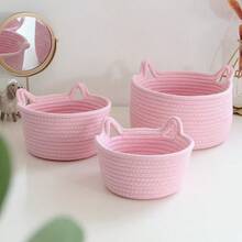 1pc Handmade Woven Cat Ear Design Storage Basket, Suitable For Living Room, Bedroom, Desk, Bedside Table Top Storage Basket (Pink) - Pink - View 1