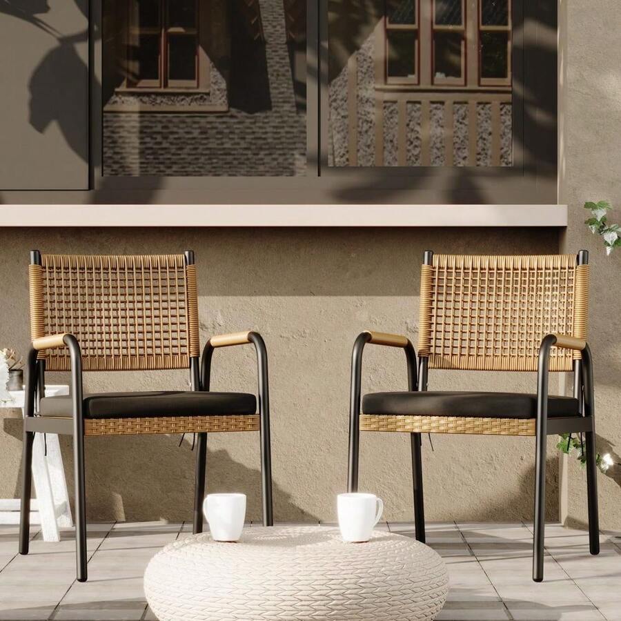 Conjunto de 2 Sillas de Mimbre para Patio con Cojines, Sillones de Ratán para Exteriores, Estructura de Metal para Todo Tipo de Clima, Cómodos Asientos para Jardín, Césped, Terraza, Porche, Balcón - 1 pieza - Negro - Ver 1