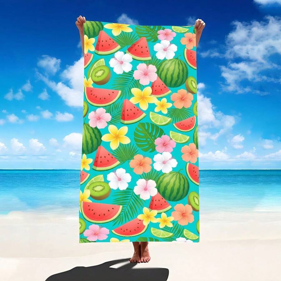 1 buc Prosop de plajă de vară cu model floral și pepene verde, Pătură de plajă extra mare din microfibră super moale, Prosop de baie foarte absorbant, Potrivit pentru călătorii, piscină, scufundări, surfing, yoga, camping, Disponibil în mai multe dimensiuni, Accesorii de plajă - C - Vizualizare 1