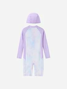 Annil 新款儿童高弹力疏水渐变泳衣，适合中小学生，保守长袖连体泳衣 - 紫調花 - 查看 2