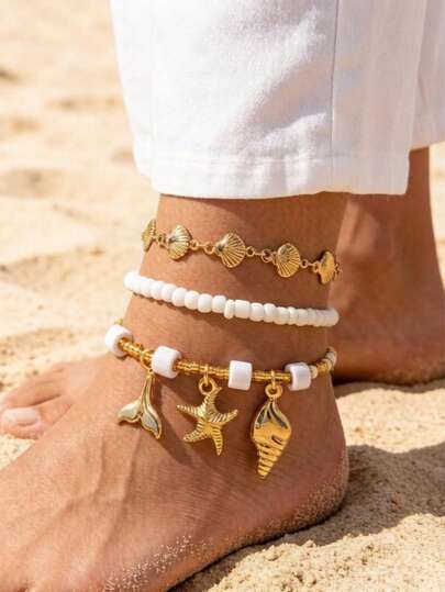 3件套波西米亚风金色美人鱼尾、海星、贝壳脚链套装，适合海滩度假、叠戴，小众礼物