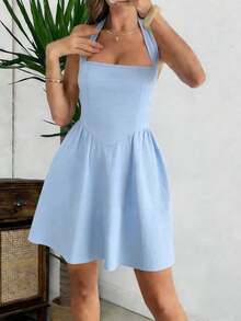 Đầm slip dáng chữ A cổ vuông, màu xanh nhạt, ngọt ngào với viền bèo nhún, thích hợp cho hẹn hò và du lịch, thanh lịch mùa xuân/hè. - Màu xanh lam - Xem 2