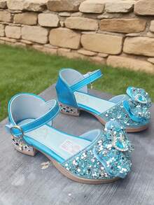 1 par de zapatos de fiesta para niñas con lazo decorado de purpurina morada, parte superior brillante, tacón bajo, correa ajustable, adecuados para fiestas, cumpleaños y ocasiones especiales - Azul - Ver 5