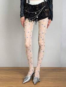 1双 - 蓝白星形提花丝袜，女士超薄夏季连裤袜，修身塑形JK款基础袜，甜美白色 - 彩色 - 查看 5