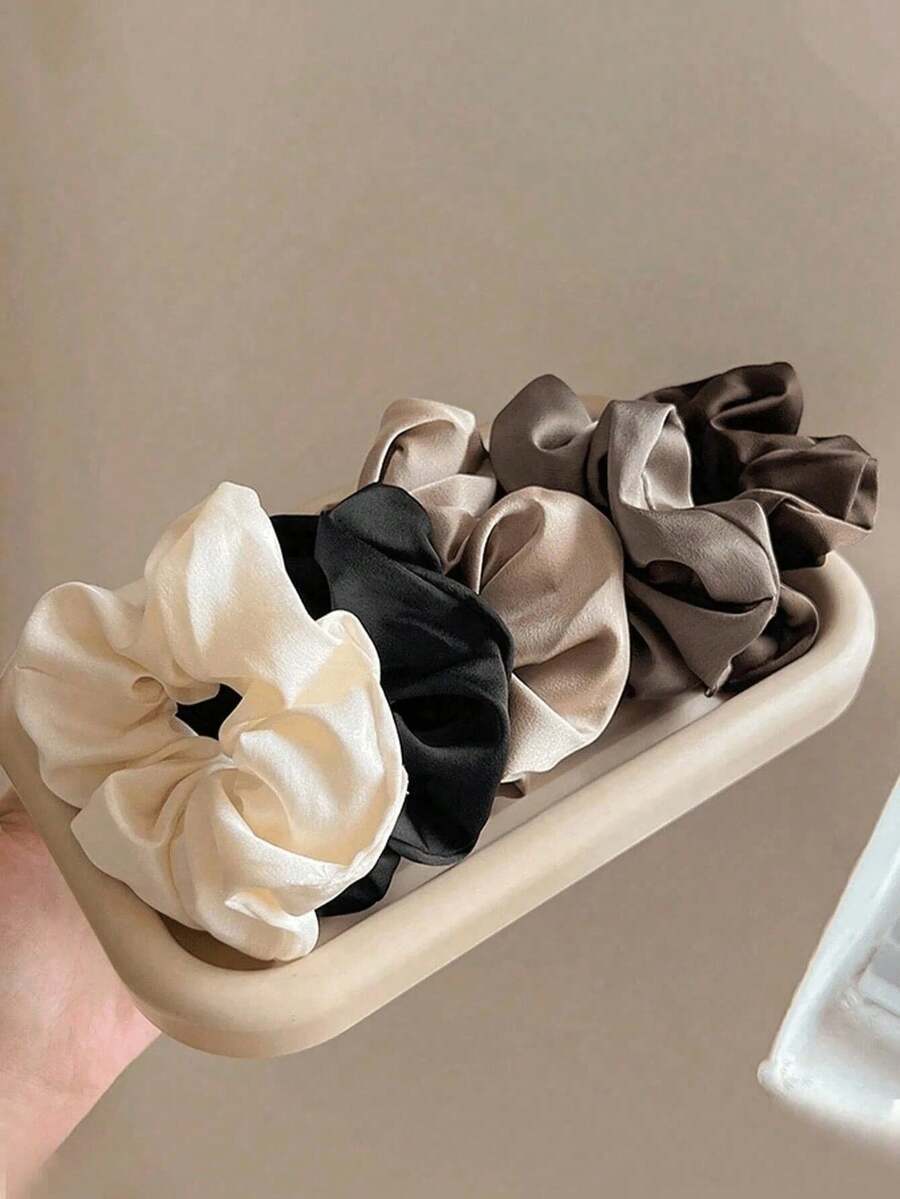 5pcs Premium Classic Black, White & Brown Satin Scrunchies, Soft & Damage-Free, 8.5cm Diameter Hair Ties, Ideal For Women & Girls Daily Hairstyles Like Buns & Ponytails, Great Christmas, Valentine's Day, Birthday, Holiday Gift