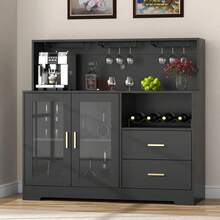 Mueble para bar de vinos con luz LED, clóset de café con estante para vino y soporte para vidrio, aparador de cocina con estante de almacenamiento, clóset de licor no empotrado para sala de estar, comedor,negro,blanco,gabinete de Licor para Sala de Estar - Negro - Ver 10