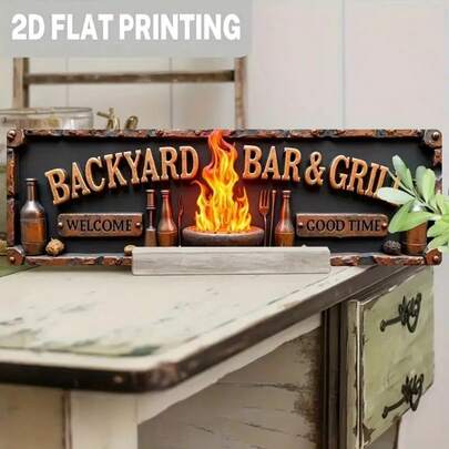 1pc 2D Flat Printed Iron Wall Sign For Backyard Bar And BBQ - Vintage "Welcome To Good Times" Design, No Electricity Needed, Suitable For Patio, Porch, Kitchen, Man Cave, Porch Decor, Kitchen Decor, Flame Pattern, Sturdy Home Decor, Outdoor Patio Decor, BBQ Decor, Patio Sign, Bar Decor, Broom Parking Sign, Halloween Decor, Pizza Shop, Retro, Home/Apartment Decor, Wall Decor