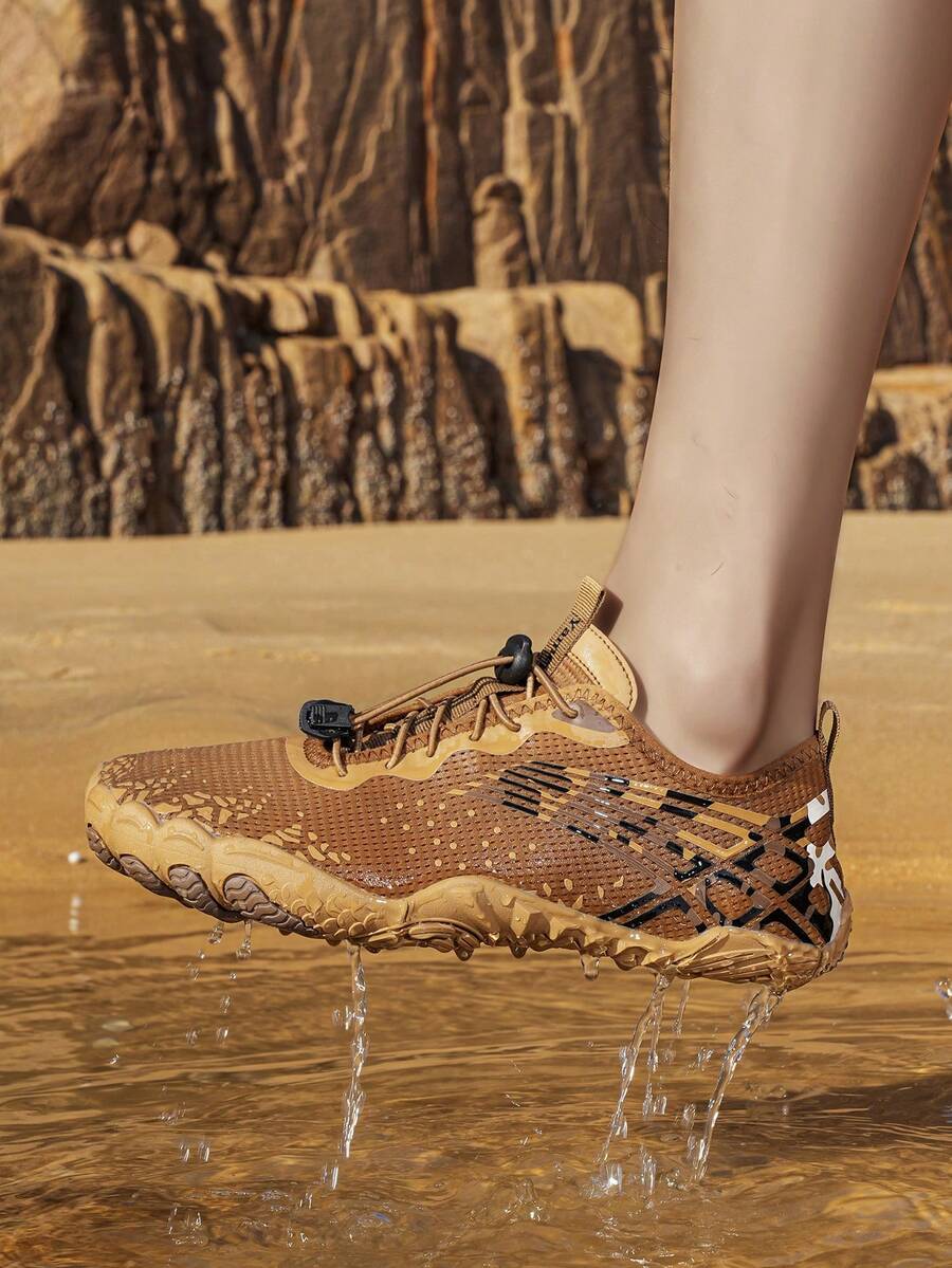 男士卡其色撞色条纹网眼抽绳情侣涉水鞋，户外沙滩鞋，游泳潜水鞋，两栖徒步健身攀岩鞋 - 卡其色 - 查看 1