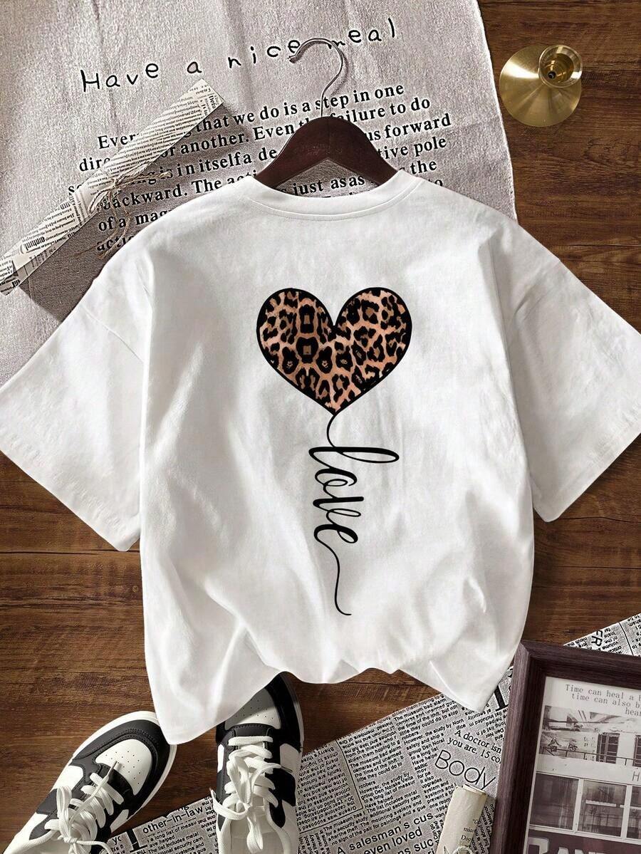 Short-Sleeved T-Shirt With Leopard Print, Heart And Letter, Casual Style For Summer. All Kinds Of Prints, Jacket, Round Neck T-Shirt, Casual, For Office, For Travel, Very Popular, Sporty Style, Print/Pattern, 100% Cotton T-Shirt, Casual T-Shirt, Comfortable, Soft, Breathable. The Latest Popular Bestseller - 白色 - 查看 1