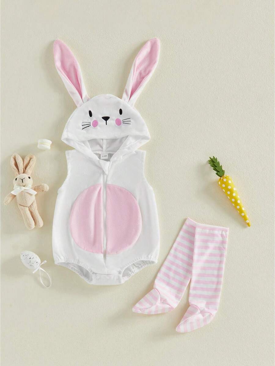 Disfraz de conejito de Pascua para bebé sin mangas con capucha y cremallera, mameluco, calcetines largos a rayas, ropa para fiesta - Blanco - Ver 1
