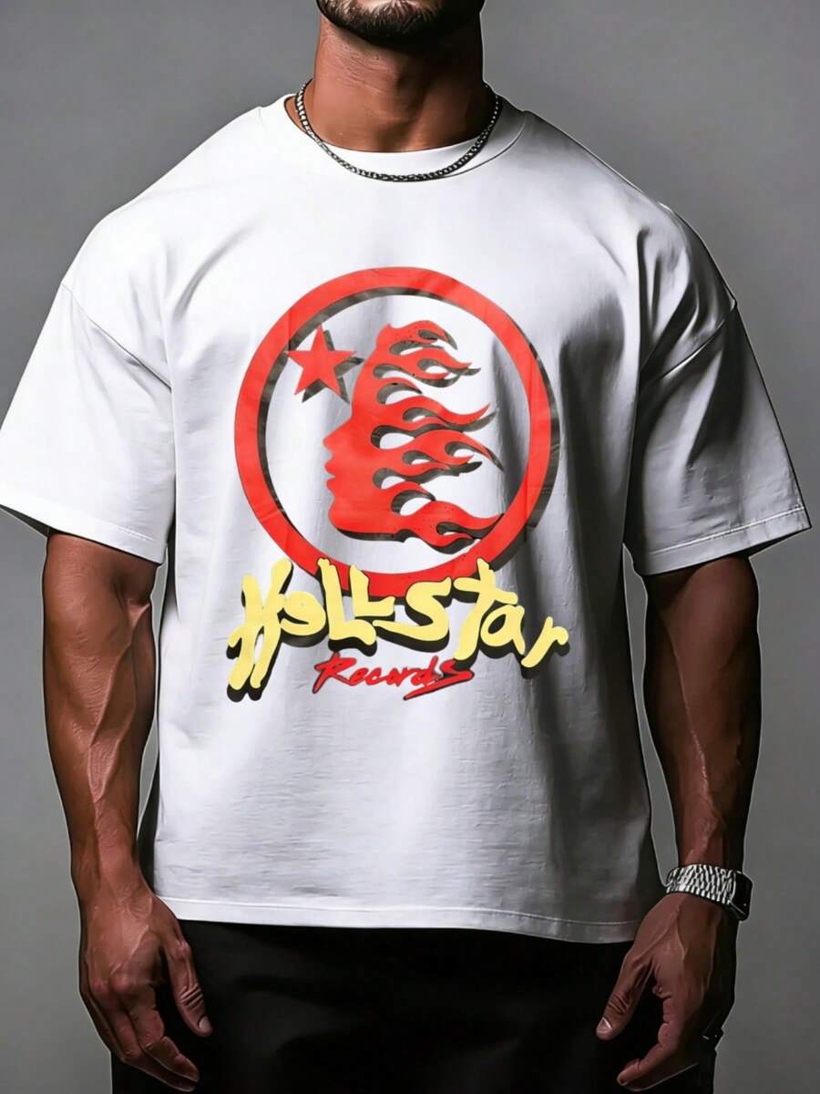 Hellstars Records Red Yellow Flame Head Star Y2K Graphic T-Shirt,220g 100% Cotton,Round Neck Short Sleeve,White Streetwear Essential For Summer Going Out,Unisex Style - 白色 - 查看 1